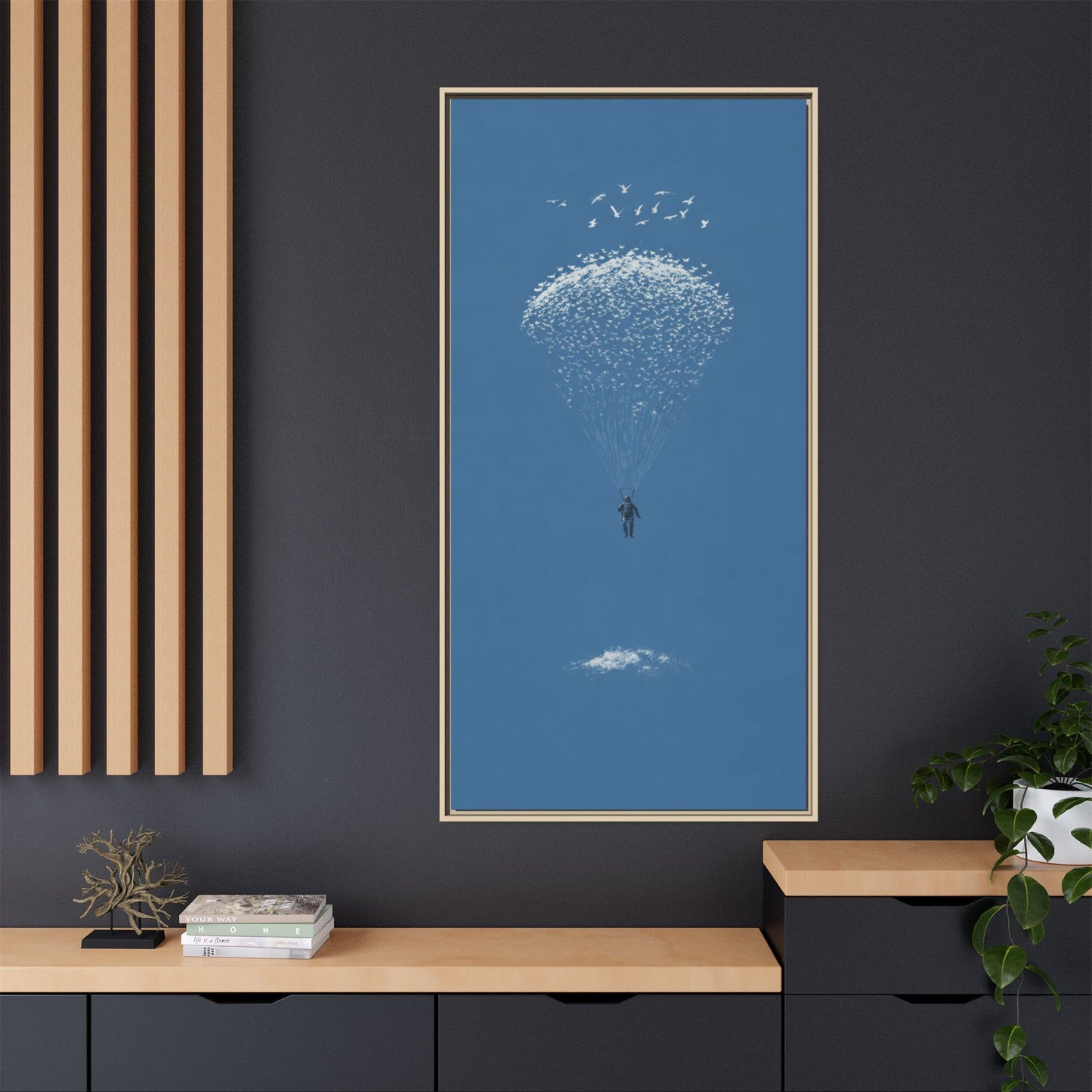 Framed Matte Canvas Art – Sky Diver with Bird Cluster Parachute (Blue)