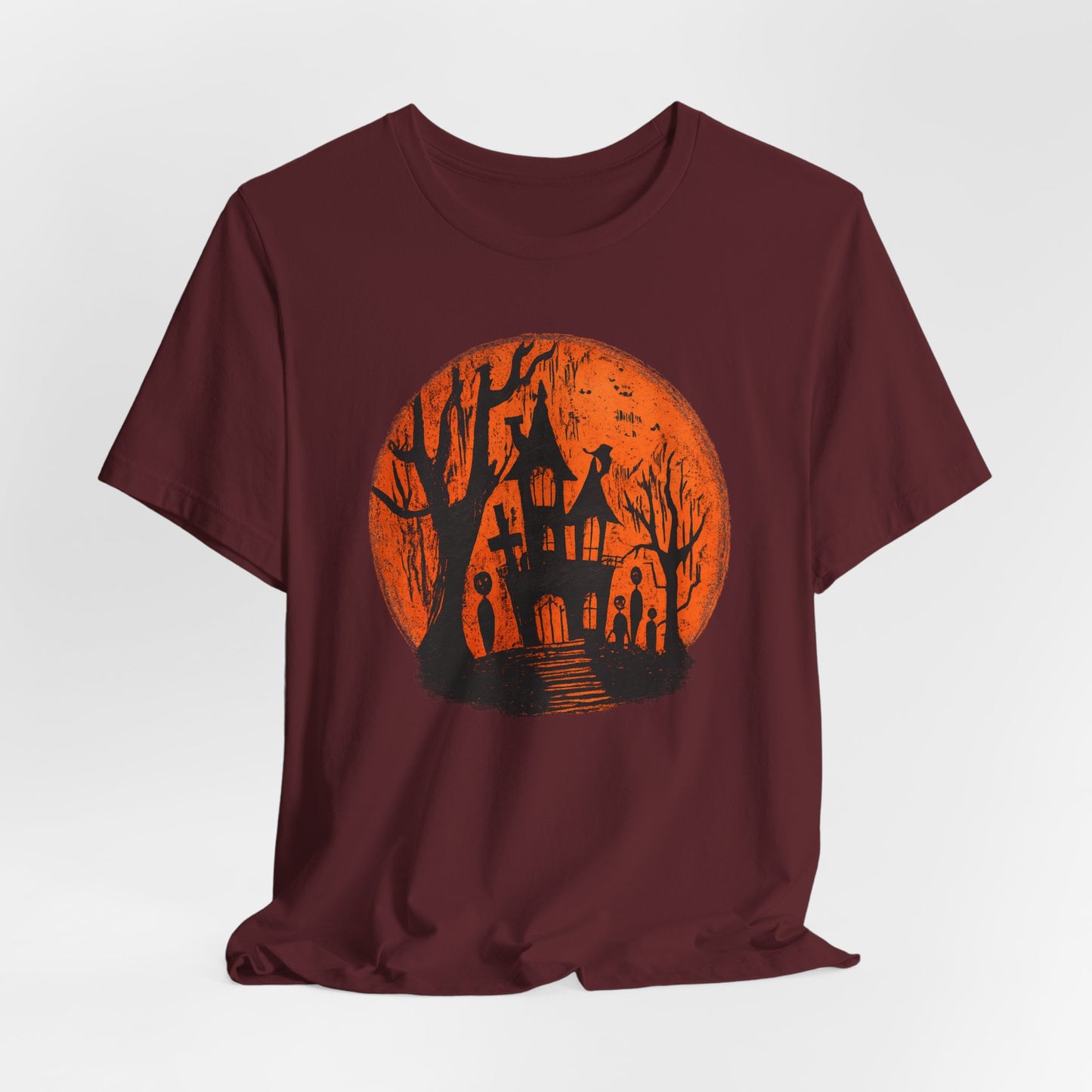 Haunted House Halloween Tee – Spooky Orange Moon Graphic T-Shirt