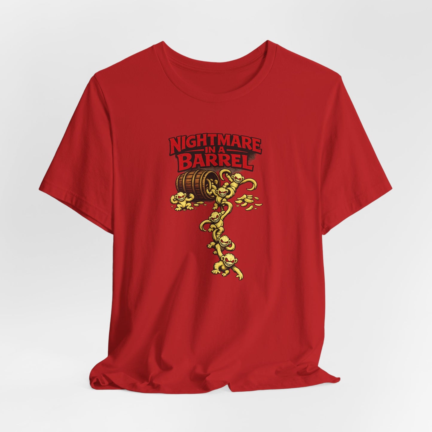 Nightmare in a Barrel T-Shirt — Vintage Horror Barrel Monkey Graphic Tee