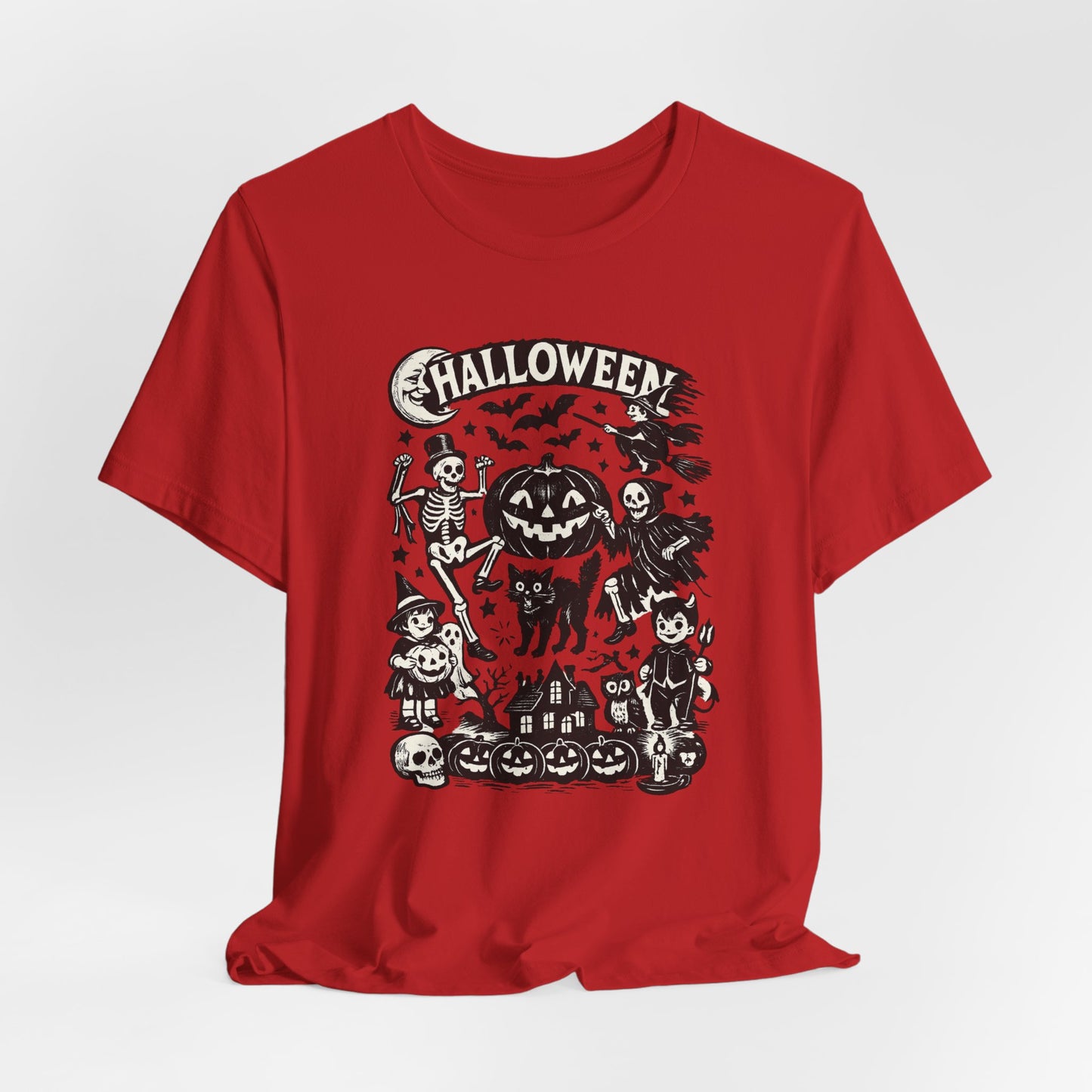 Halloween Vintage Monsters Tee — Retro Pumpkin, Skeleton & Haunted House T-Shirt