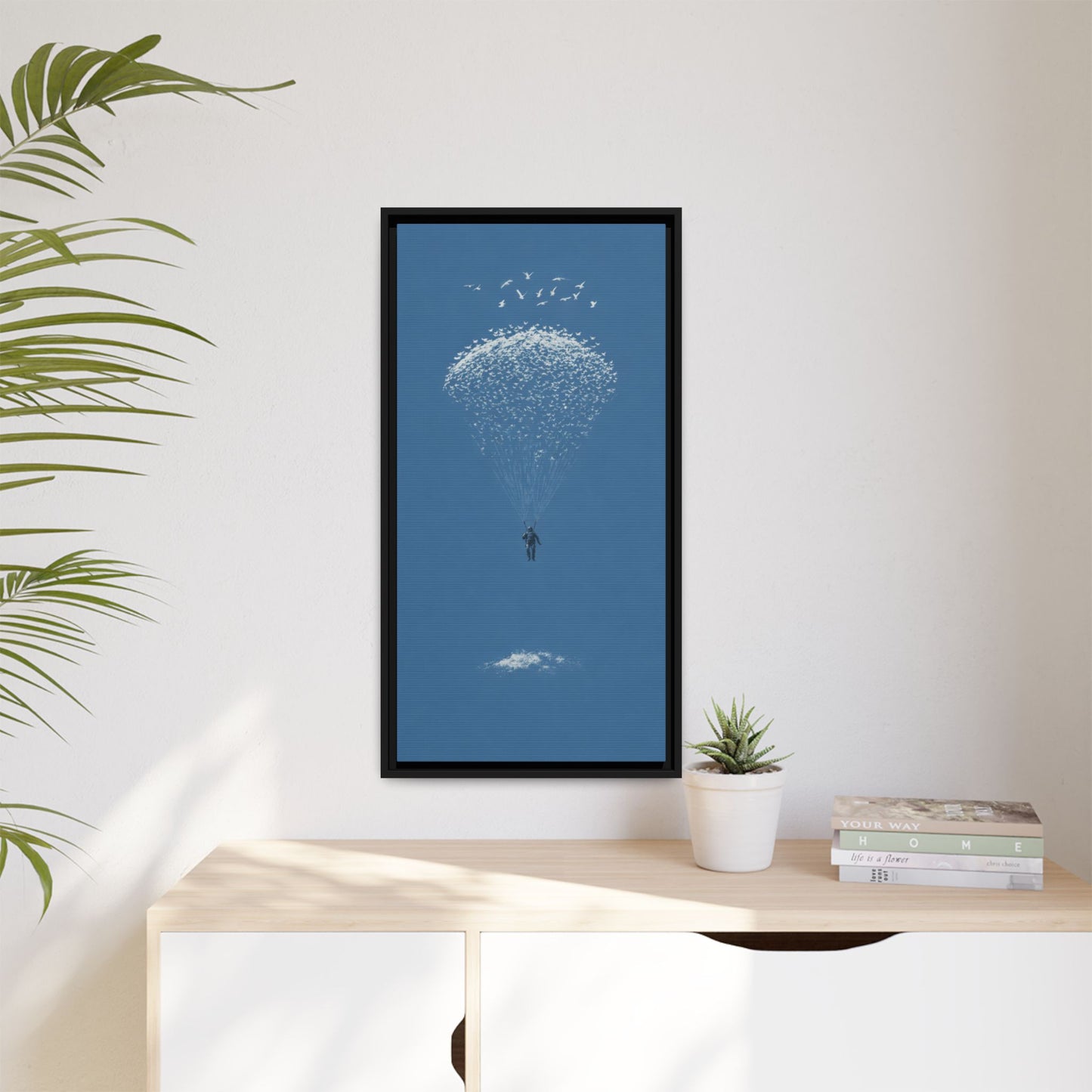 Framed Matte Canvas Art – Sky Diver with Bird Cluster Parachute (Blue)