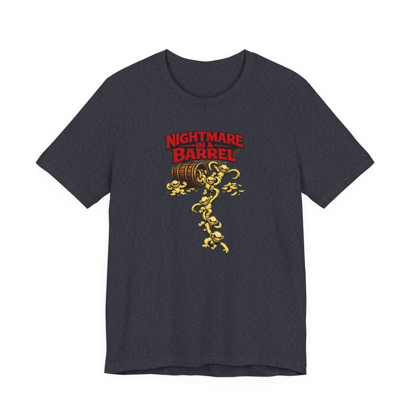 Nightmare in a Barrel T-Shirt — Vintage Horror Barrel Monkey Graphic Tee