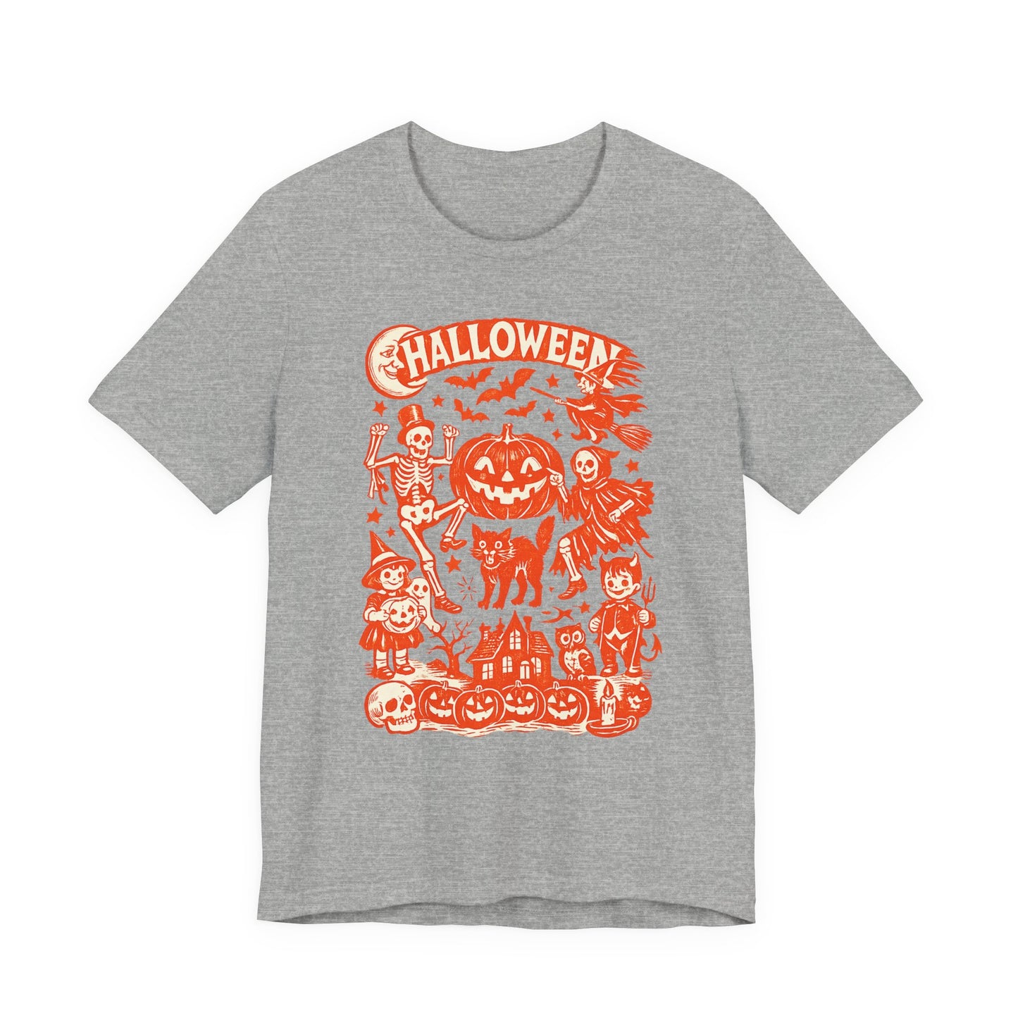 Halloween Retro Graphic Tee — Orange Vintage Spooky Characters