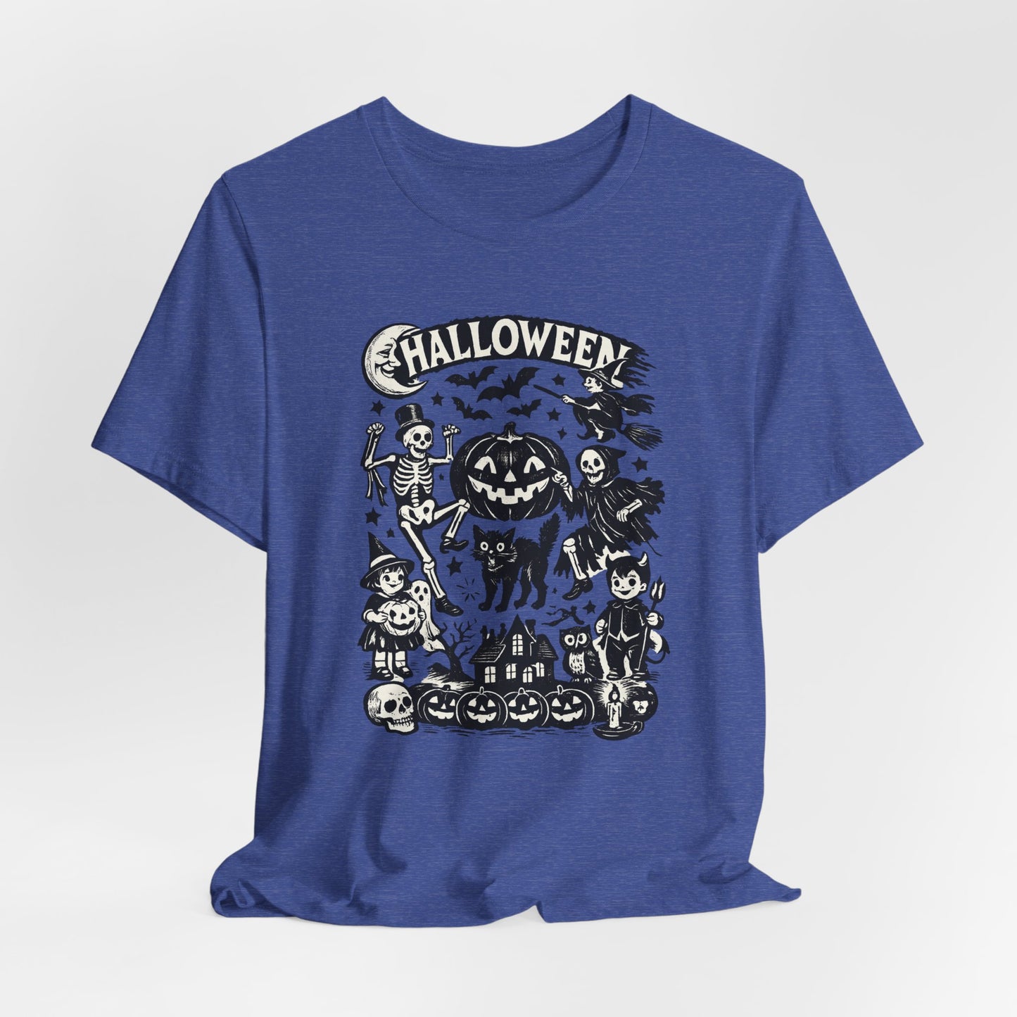 Halloween Vintage Monsters Tee — Retro Pumpkin, Skeleton & Haunted House T-Shirt