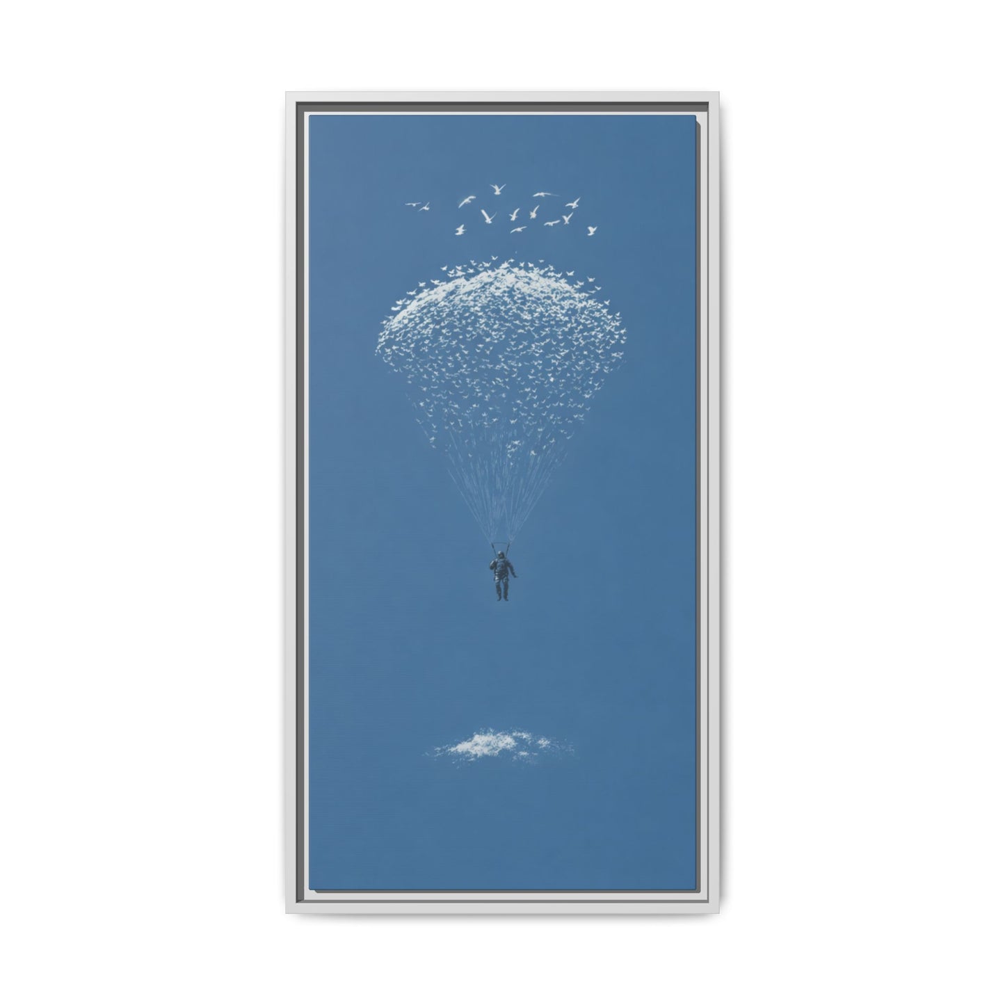 Framed Matte Canvas Art – Sky Diver with Bird Cluster Parachute (Blue)