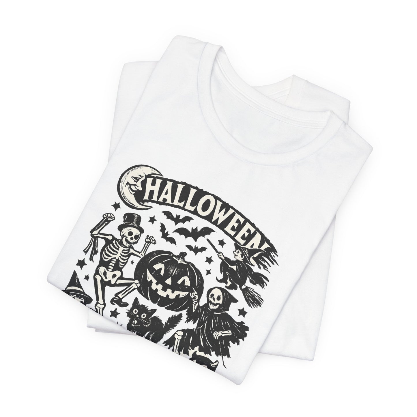 Halloween Vintage Monsters Tee — Retro Pumpkin, Skeleton & Haunted House T-Shirt