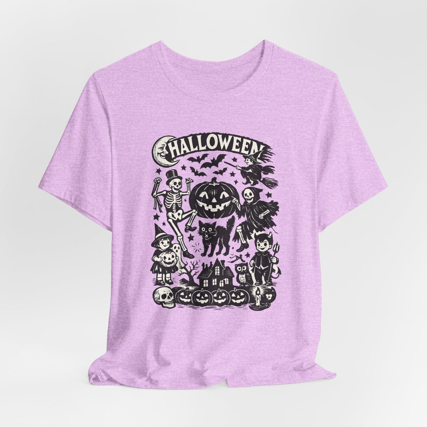 Halloween Vintage Monsters Tee — Retro Pumpkin, Skeleton & Haunted House T-Shirt