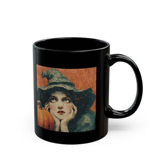 Vintage Witch Pumpkin Black Mug – Halloween Retro Coffee Cup (11oz & 15oz)