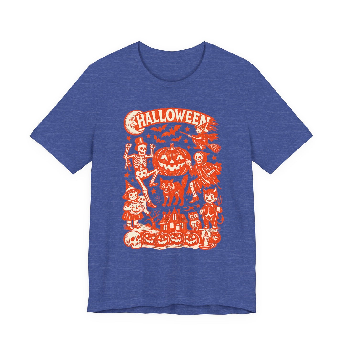 Halloween Retro Graphic Tee — Orange Vintage Spooky Characters