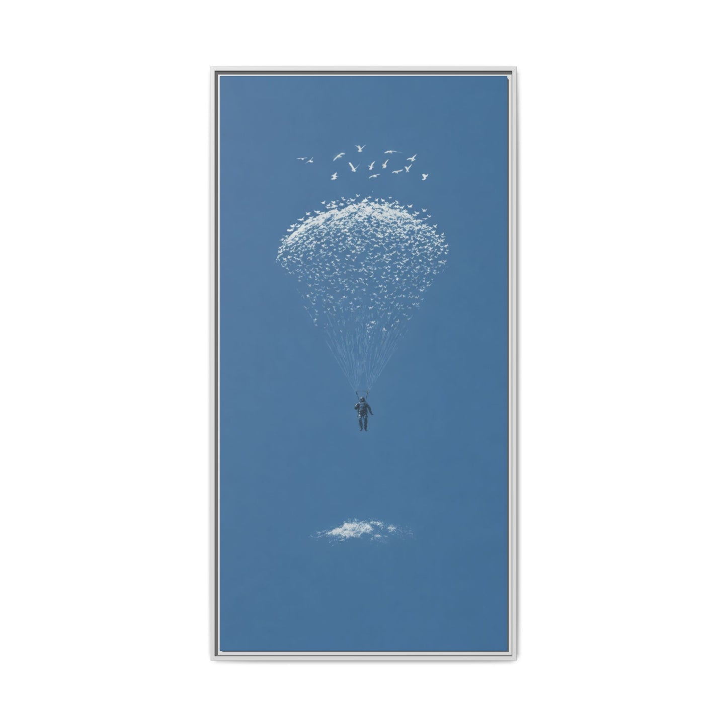 Framed Matte Canvas Art – Sky Diver with Bird Cluster Parachute (Blue)