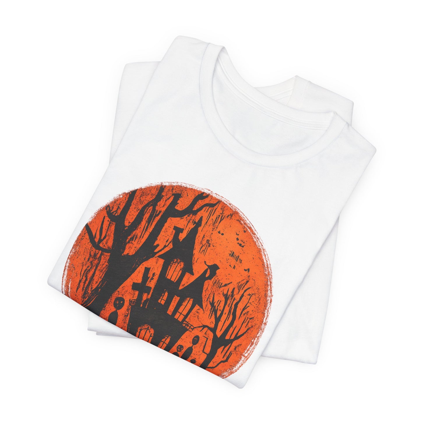 Haunted House Halloween Tee – Spooky Orange Moon Graphic T-Shirt