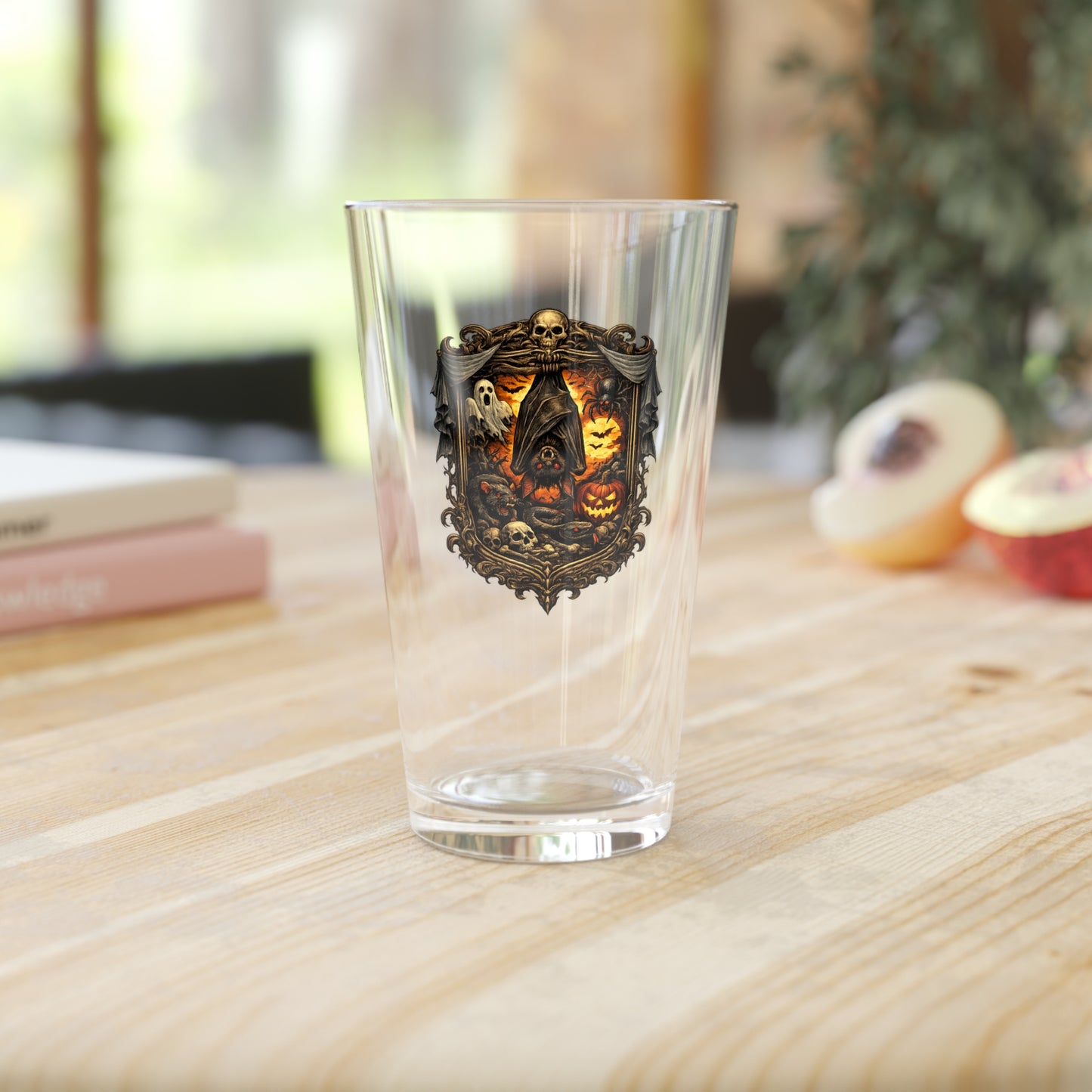 Halloween Skull Mason Pint Glass – Spooky Pumpkin & Vampire Bat Beer Glass (16oz)