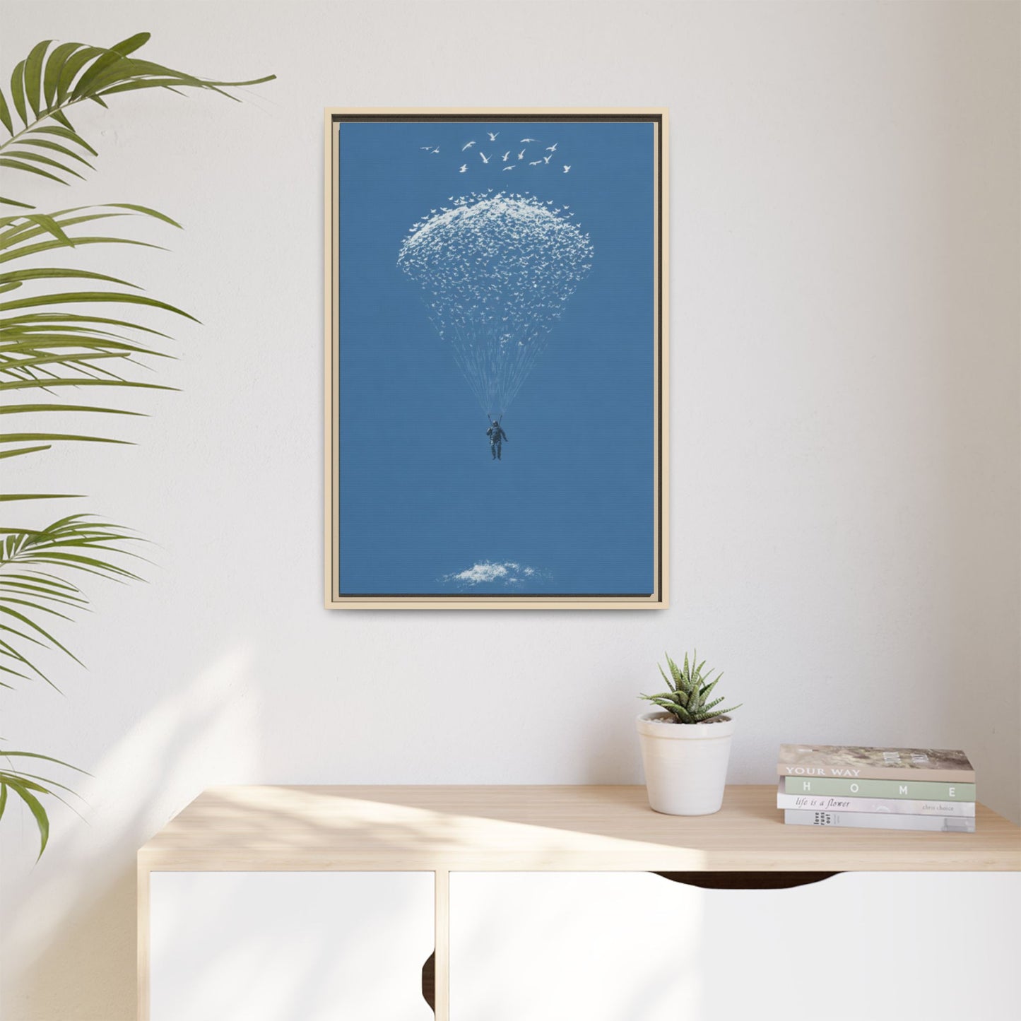Framed Matte Canvas Art – Sky Diver with Bird Cluster Parachute (Blue)