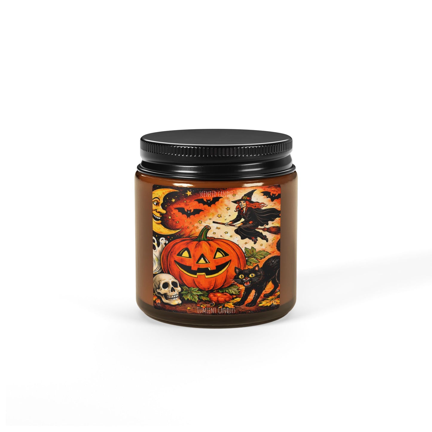 4 OZ Halloween Pumpkin Soy Candle — Amber Jar Scented Candle (Vintage Jack-O'-Lantern Design)