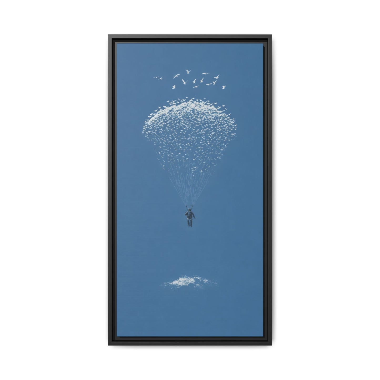 Framed Matte Canvas Art – Sky Diver with Bird Cluster Parachute (Blue)