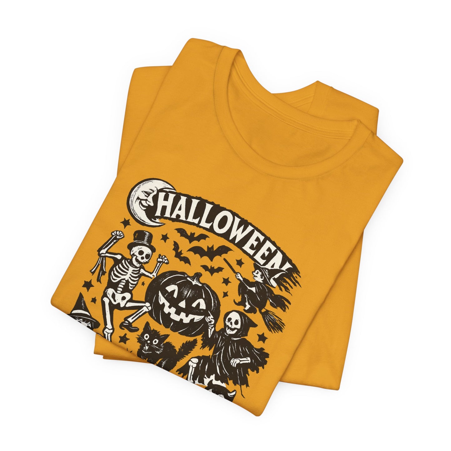 Halloween Vintage Monsters Tee — Retro Pumpkin, Skeleton & Haunted House T-Shirt