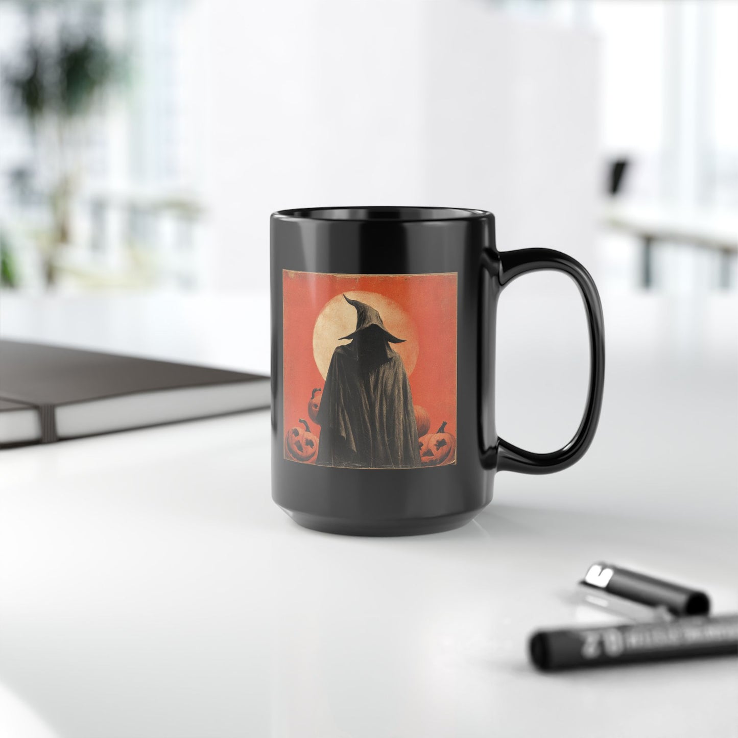 Halloween Witch Pumpkin Black Mug – Vintage Spooky Coffee Cup (11oz/15oz)