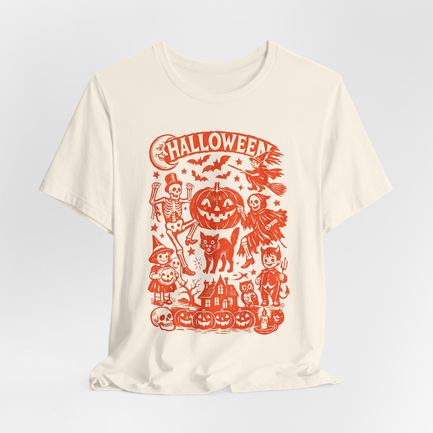 Halloween Retro Graphic Tee — Orange Vintage Spooky Characters
