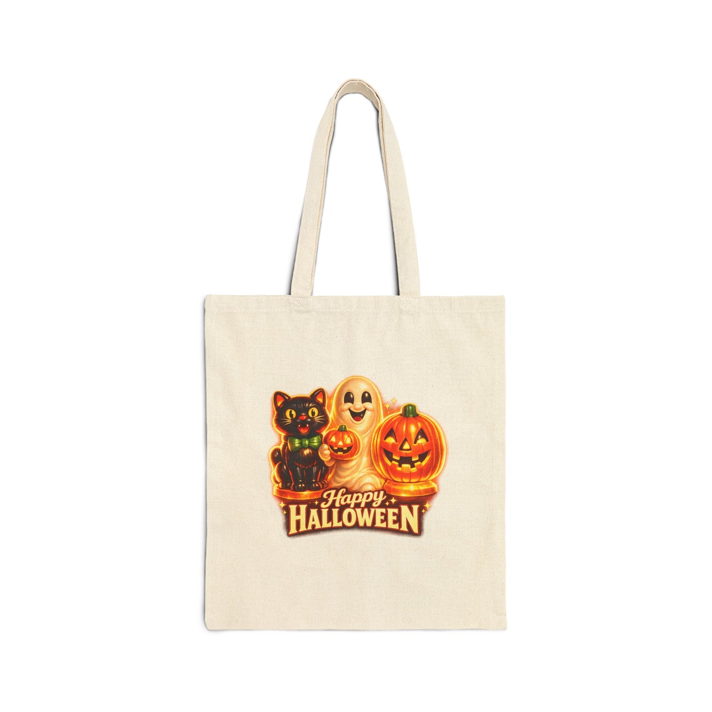 Halloween Canvas Tote Bag — "Happy Halloween" Blow Mold, Cat, Ghost & Jack-O'-Lantern Trick-or-Treat Bag