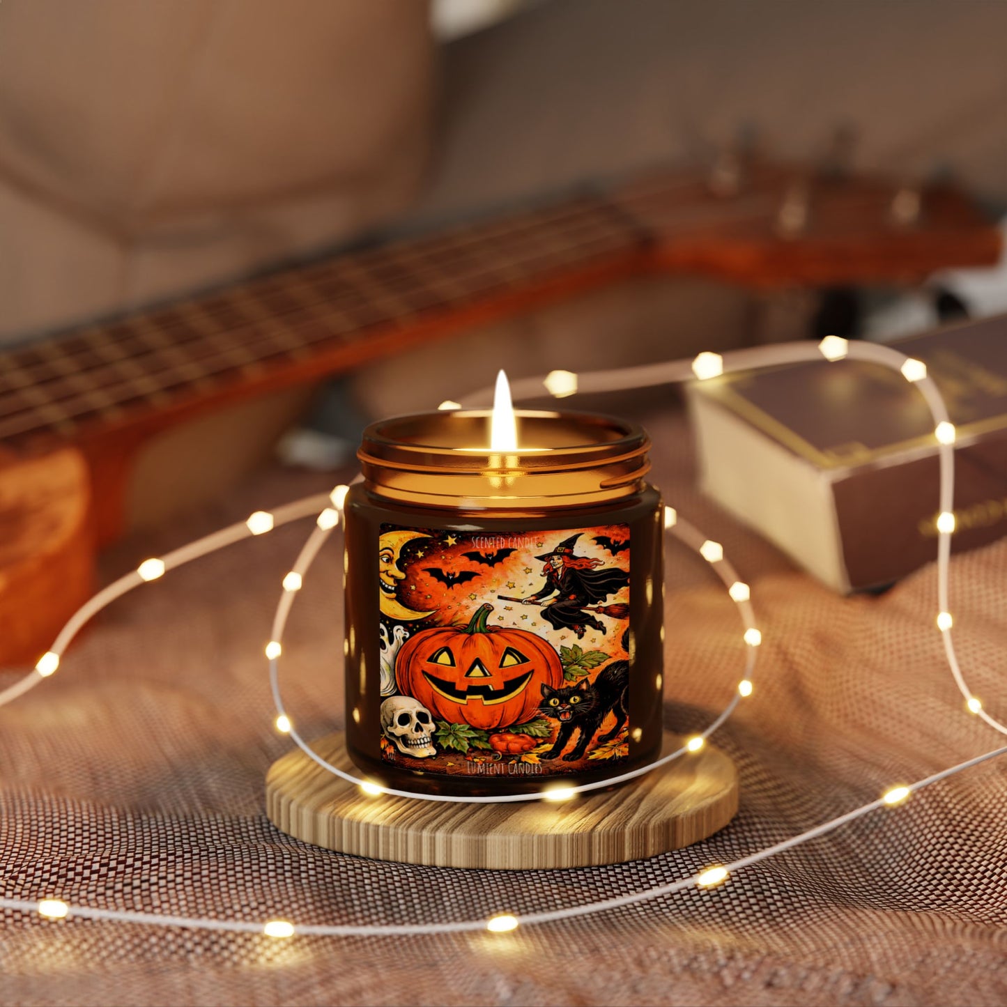 4 OZ Halloween Pumpkin Soy Candle — Amber Jar Scented Candle (Vintage Jack-O'-Lantern Design)