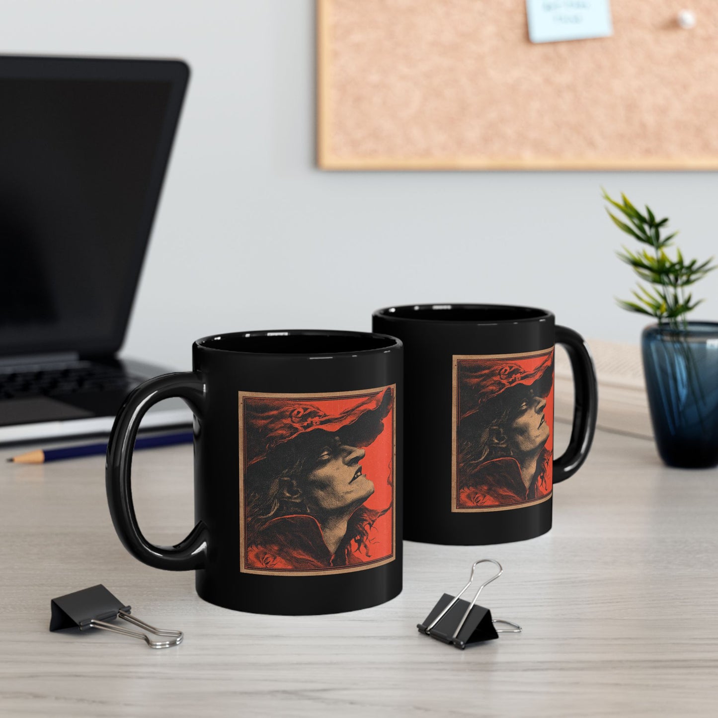 Gothic Witch Portrait Mug — Vintage Red & Black Ceramic Coffee Cup
