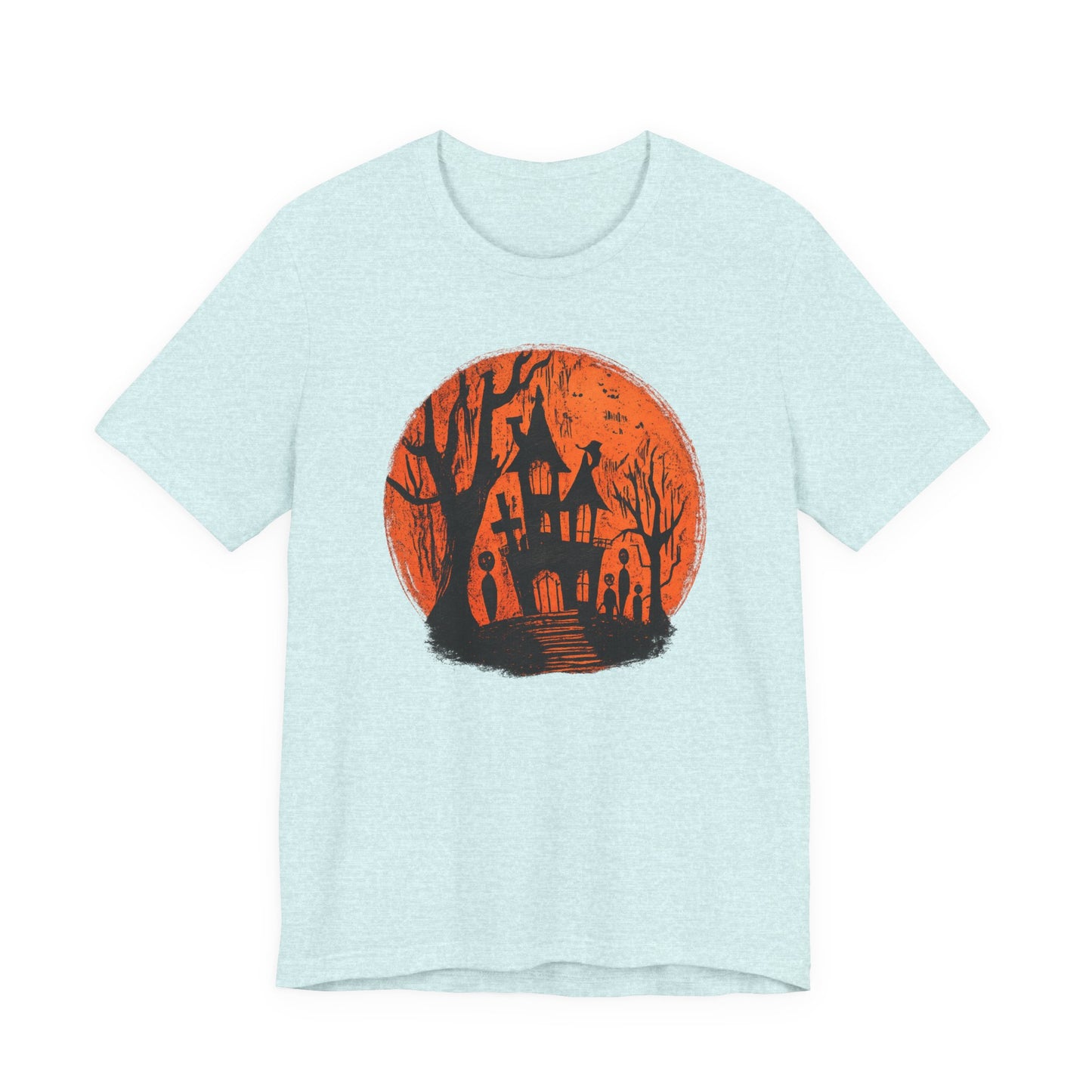 Haunted House Halloween Tee – Spooky Orange Moon Graphic T-Shirt