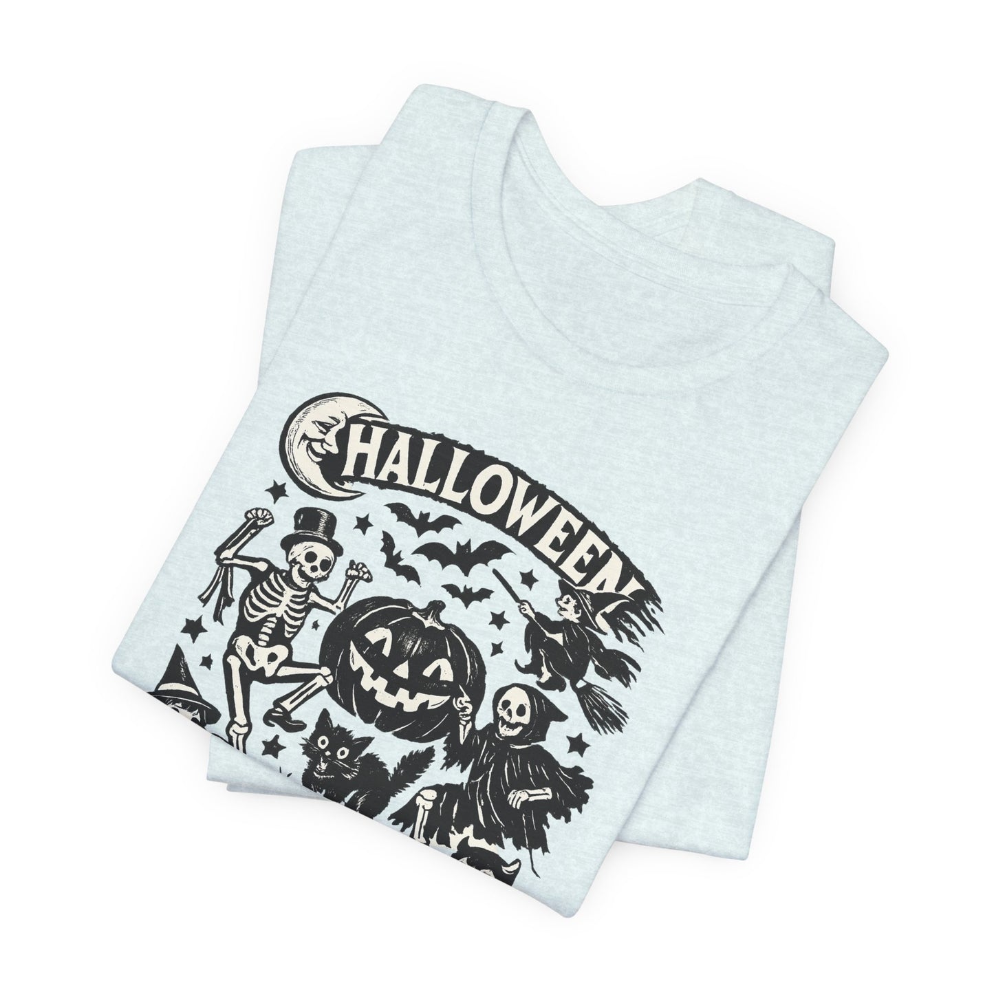 Halloween Vintage Monsters Tee — Retro Pumpkin, Skeleton & Haunted House T-Shirt