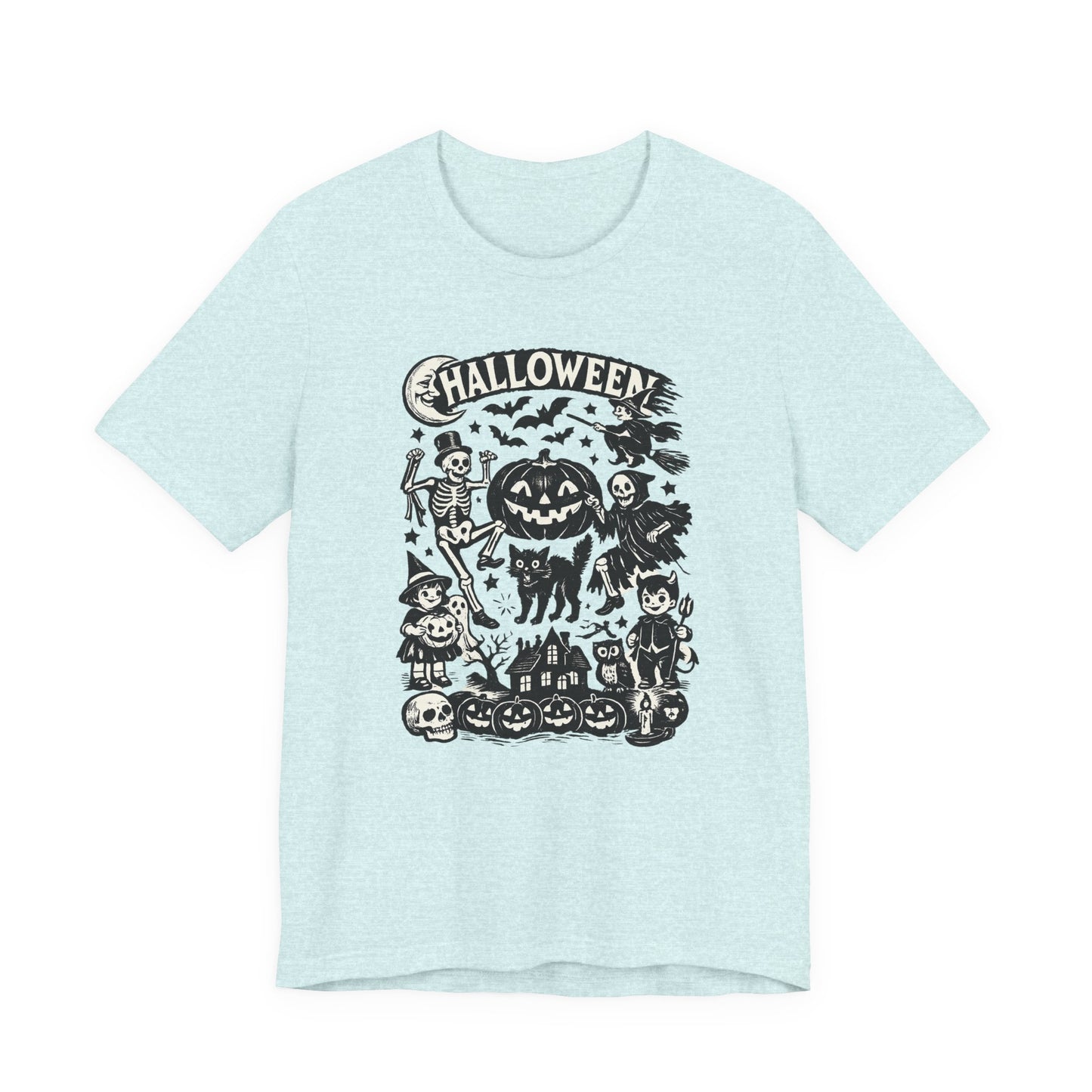 Halloween Vintage Monsters Tee — Retro Pumpkin, Skeleton & Haunted House T-Shirt