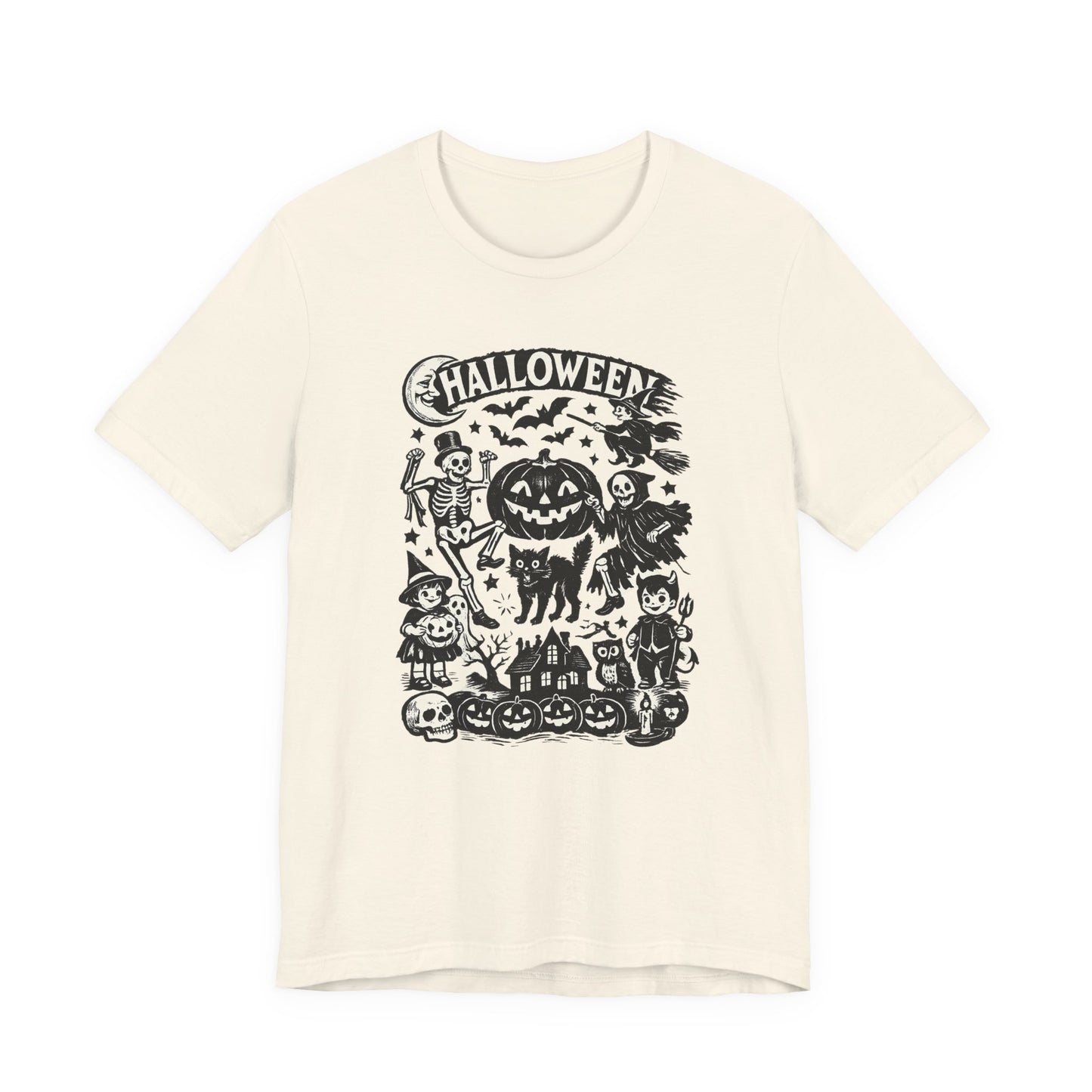 Halloween Vintage Monsters Tee — Retro Pumpkin, Skeleton & Haunted House T-Shirt