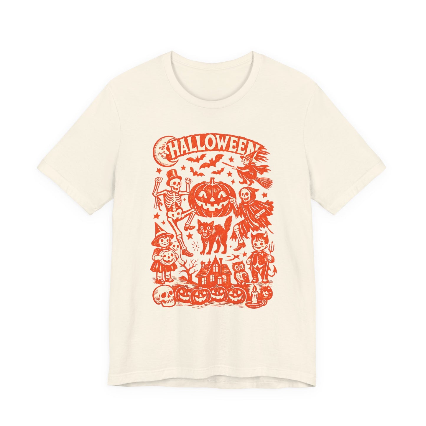 Halloween Retro Graphic Tee — Orange Vintage Spooky Characters
