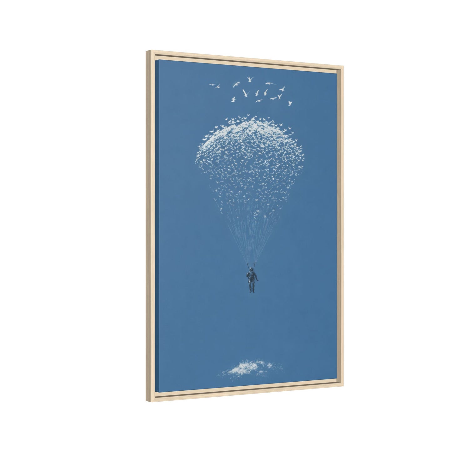 Framed Matte Canvas Art – Sky Diver with Bird Cluster Parachute (Blue)