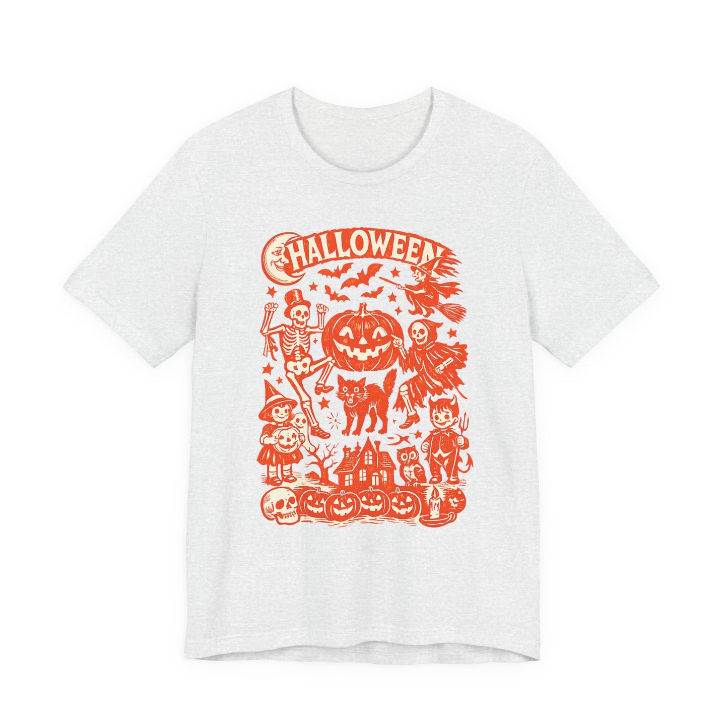 Halloween Retro Graphic Tee — Orange Vintage Spooky Characters