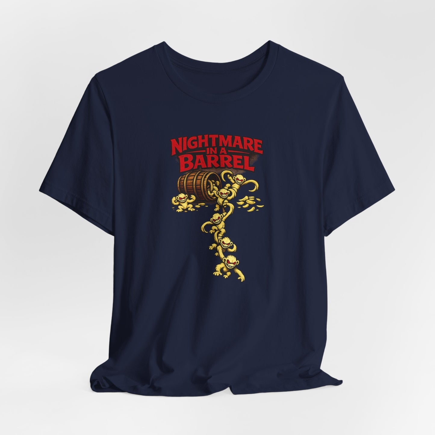 Nightmare in a Barrel T-Shirt — Vintage Horror Barrel Monkey Graphic Tee
