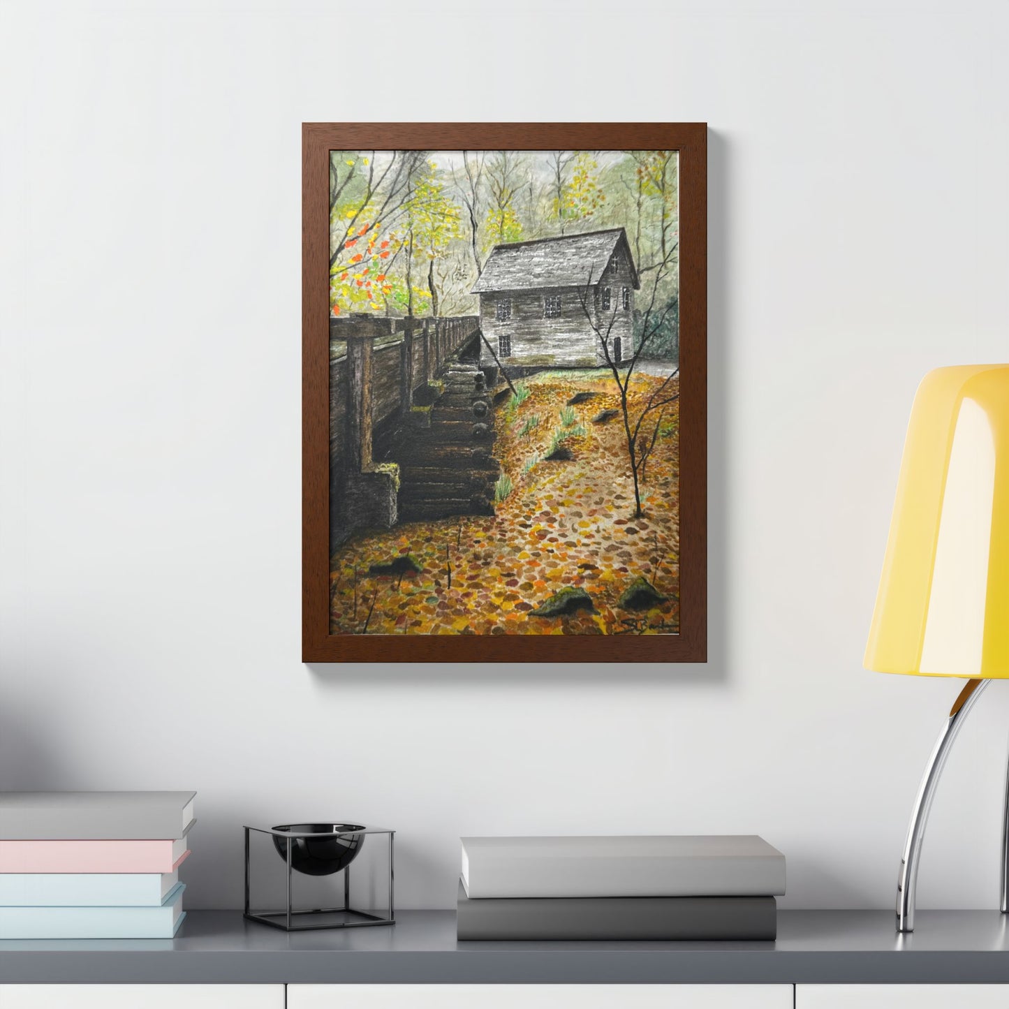 Original Artist Print by Scott Barbee Autumn Mill Framed Poster — Rustic Watercolor Cabin Wall Art