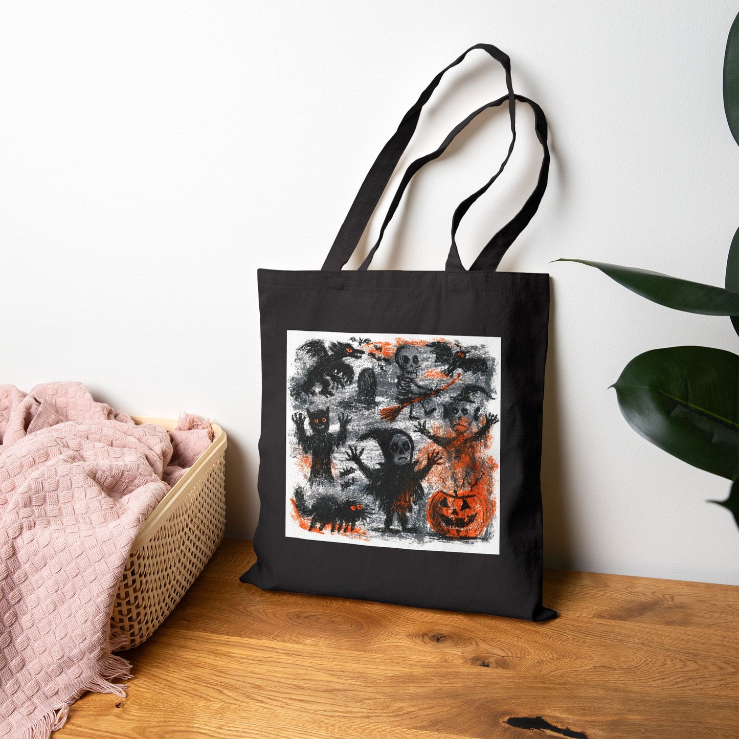 Kids Tote Bag — Vintage Halloween Illustration Cotton Canvas Tote (Pumpkin, Ghosts & Bats)