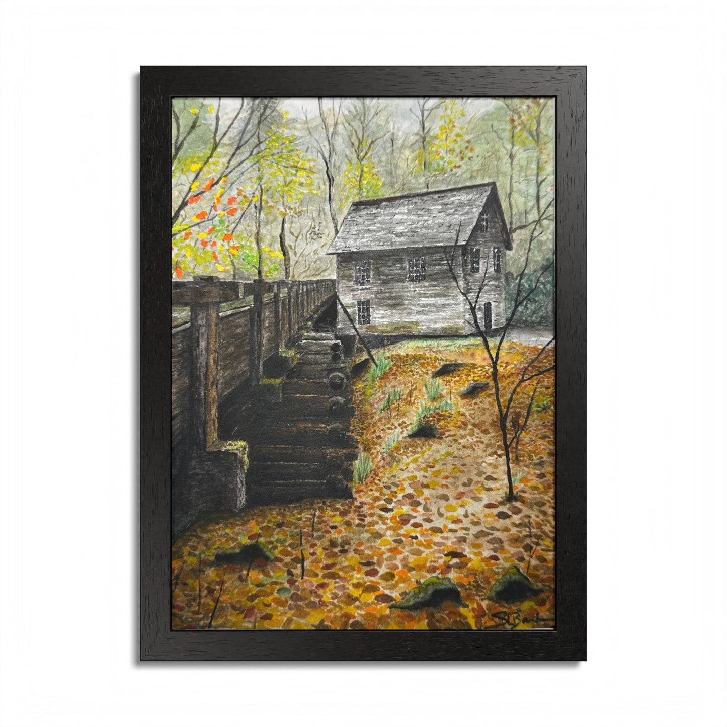 Original Artist Print by Scott Barbee Autumn Mill Framed Poster — Rustic Watercolor Cabin Wall Art