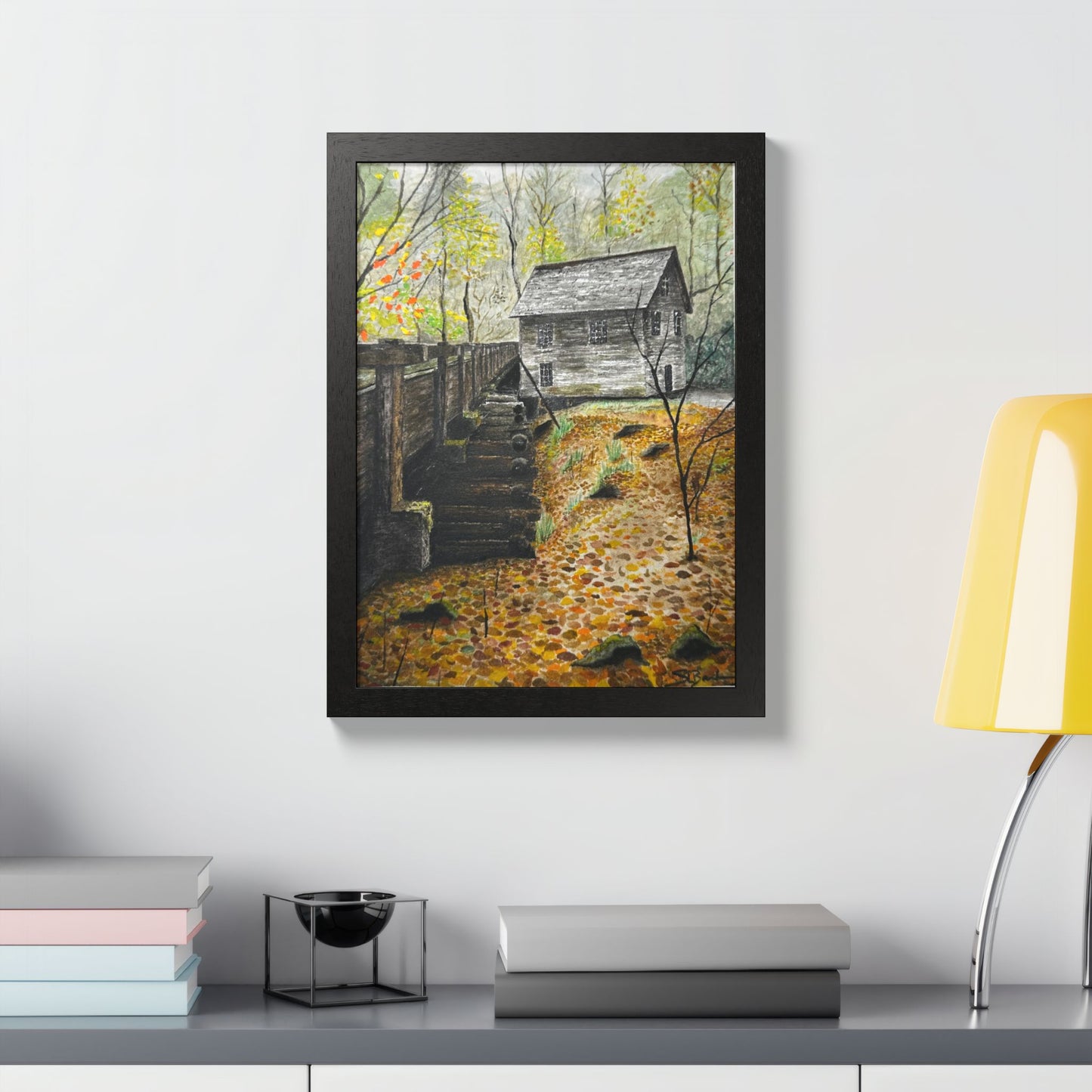 Original Artist Print by Scott Barbee Autumn Mill Framed Poster — Rustic Watercolor Cabin Wall Art