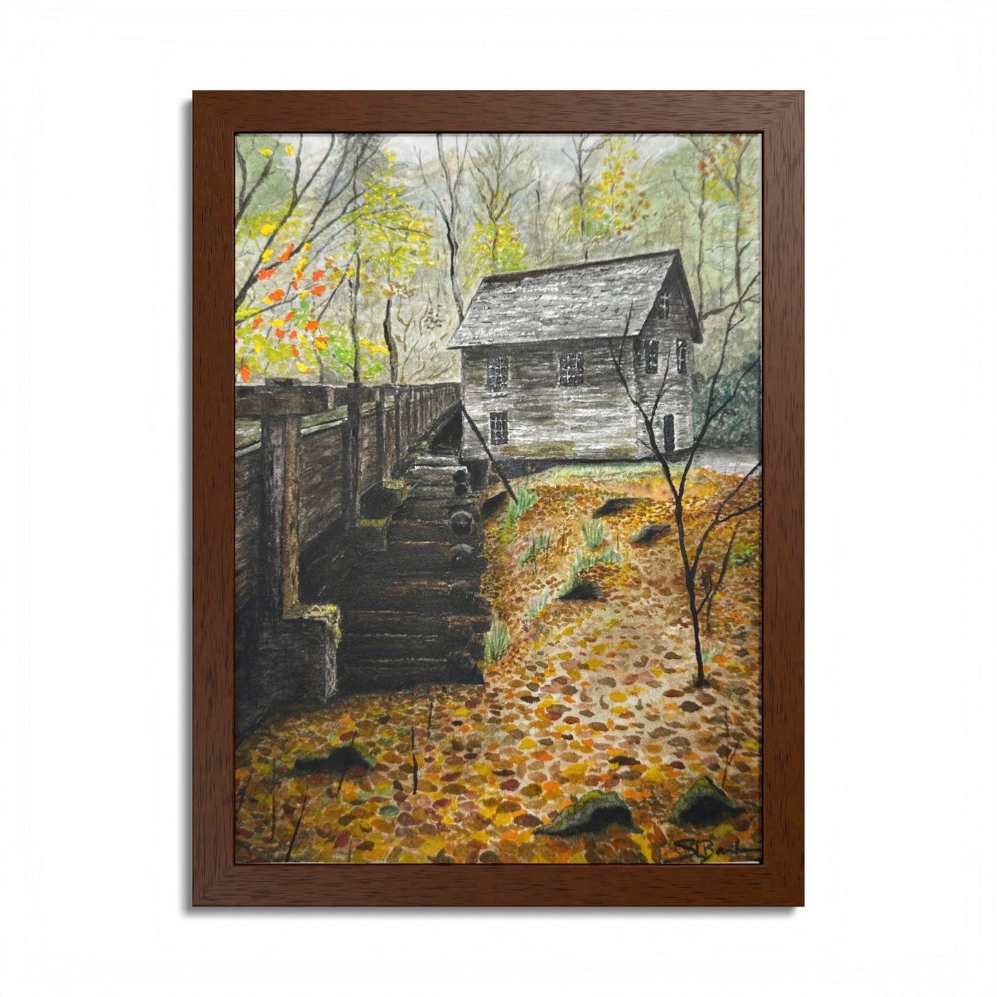 Original Artist Print by Scott Barbee Autumn Mill Framed Poster — Rustic Watercolor Cabin Wall Art