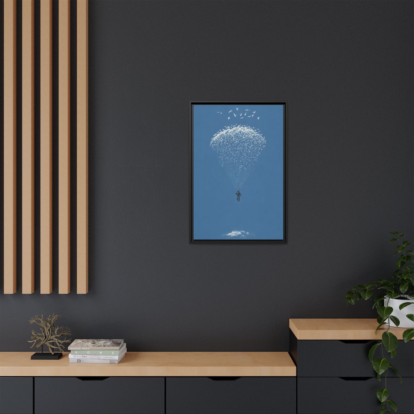 Framed Matte Canvas Art – Sky Diver with Bird Cluster Parachute (Blue)