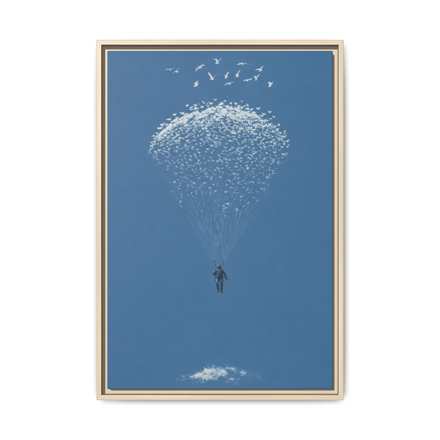 Framed Matte Canvas Art – Sky Diver with Bird Cluster Parachute (Blue)