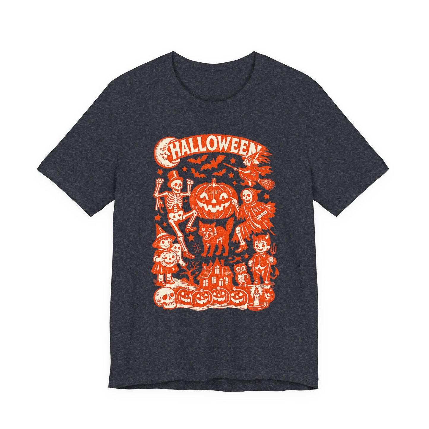 Halloween Retro Graphic Tee — Orange Vintage Spooky Characters
