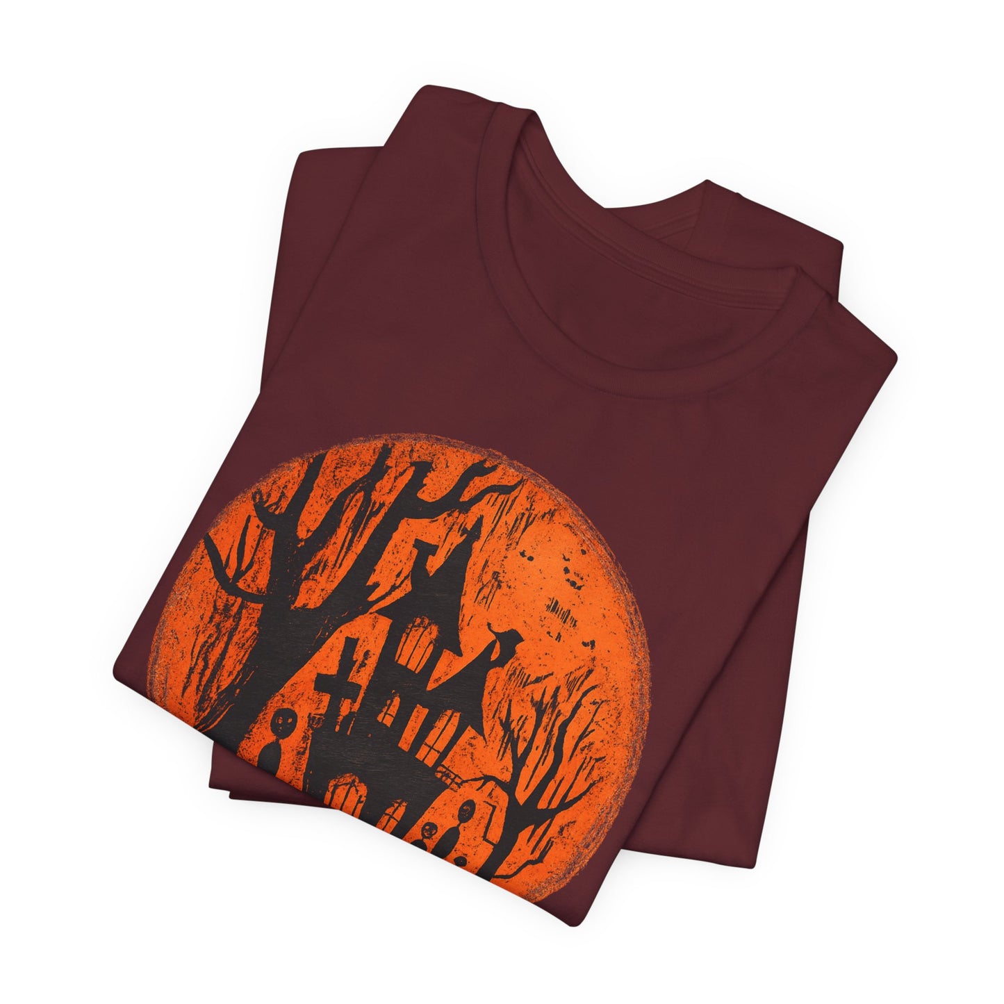 Haunted House Halloween Tee – Spooky Orange Moon Graphic T-Shirt