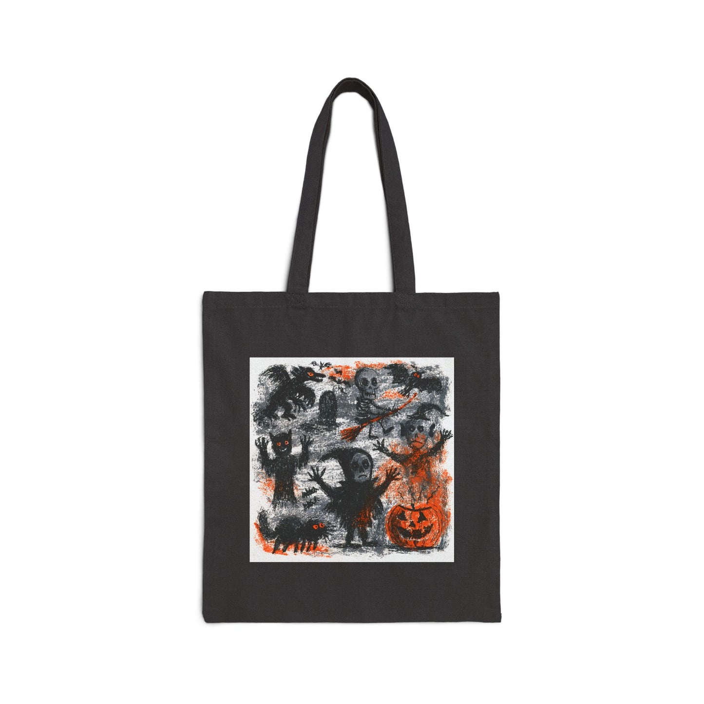 Kids Tote Bag — Vintage Halloween Illustration Cotton Canvas Tote (Pumpkin, Ghosts & Bats)