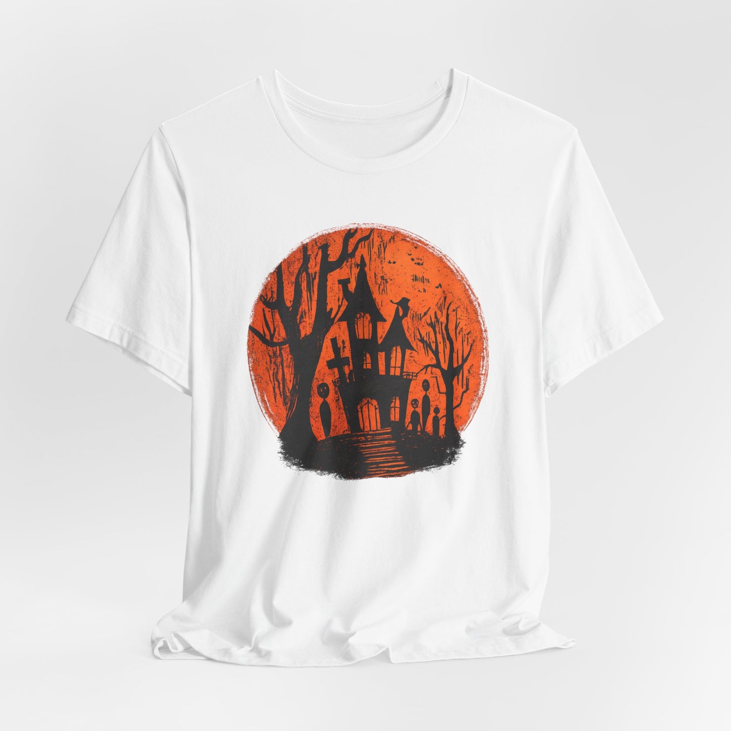 Haunted House Halloween Tee – Spooky Orange Moon Graphic T-Shirt
