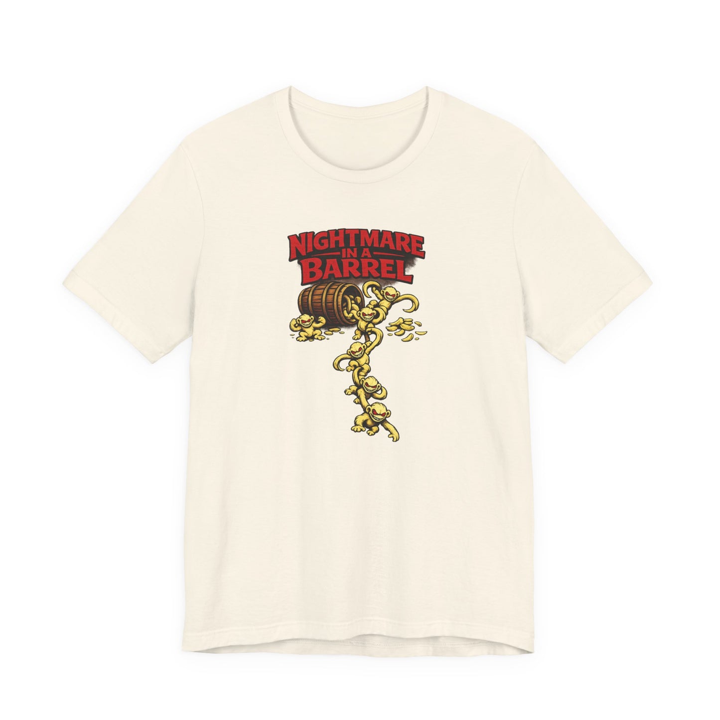 Nightmare in a Barrel T-Shirt — Vintage Horror Barrel Monkey Graphic Tee