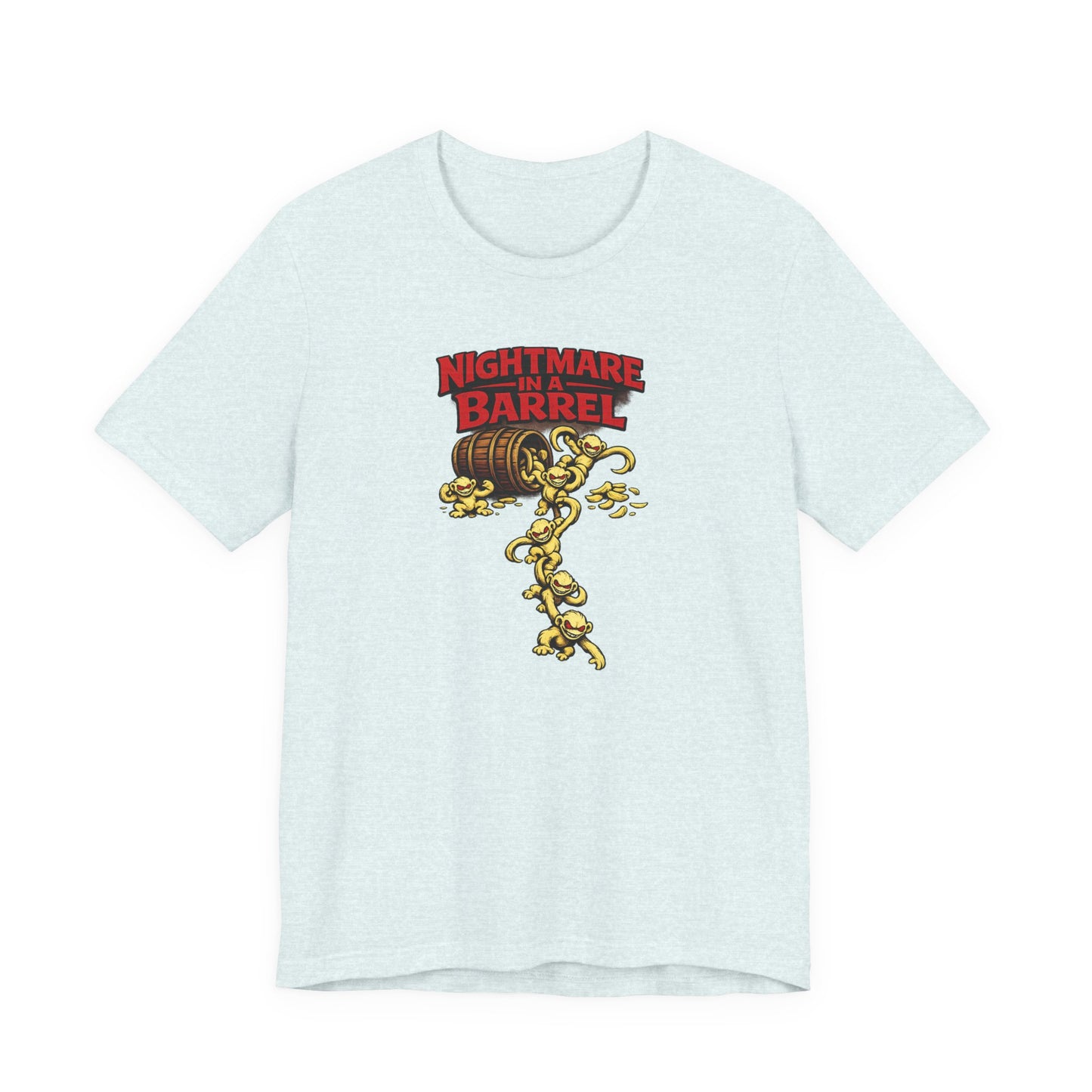Nightmare in a Barrel T-Shirt — Vintage Horror Barrel Monkey Graphic Tee