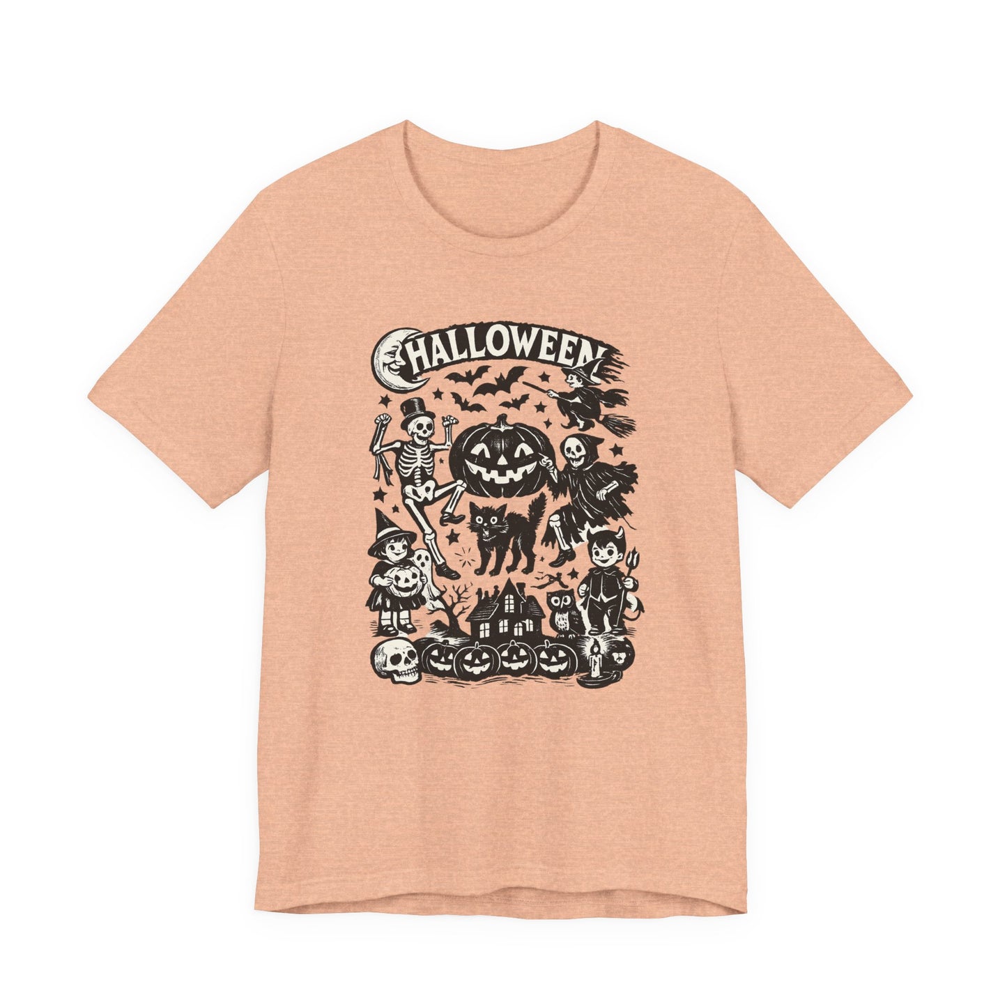 Halloween Vintage Monsters Tee — Retro Pumpkin, Skeleton & Haunted House T-Shirt