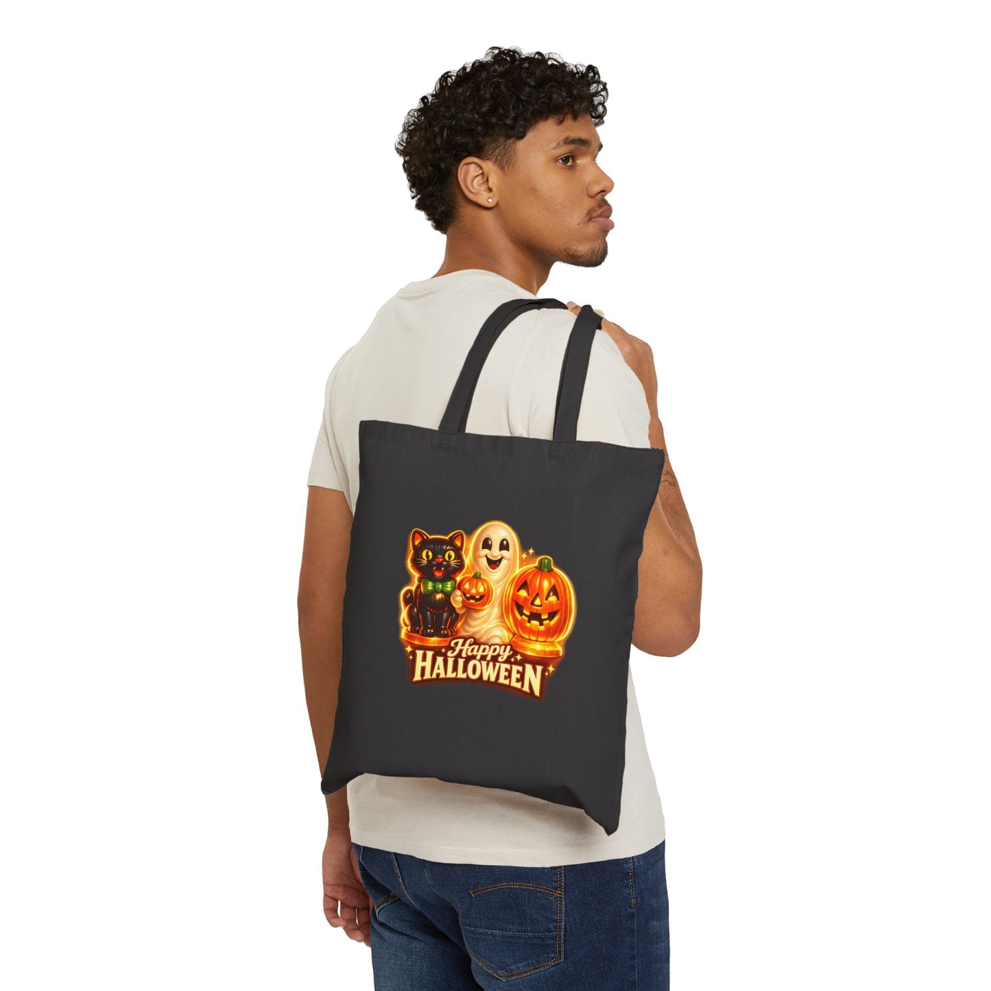 Halloween Canvas Tote Bag — "Happy Halloween" Blow Mold, Cat, Ghost & Jack-O'-Lantern Trick-or-Treat Bag