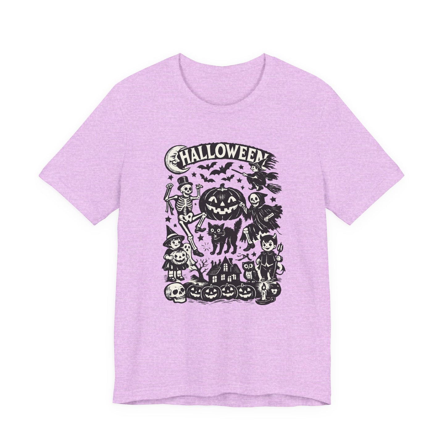 Halloween Vintage Monsters Tee — Retro Pumpkin, Skeleton & Haunted House T-Shirt