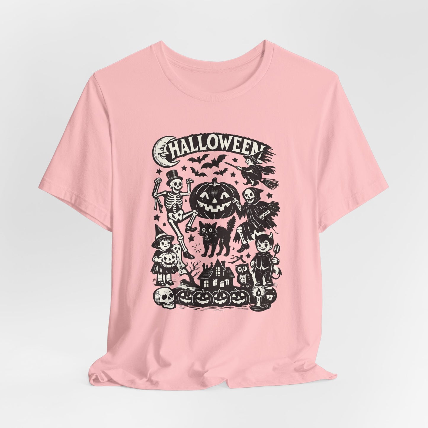 Halloween Vintage Monsters Tee — Retro Pumpkin, Skeleton & Haunted House T-Shirt